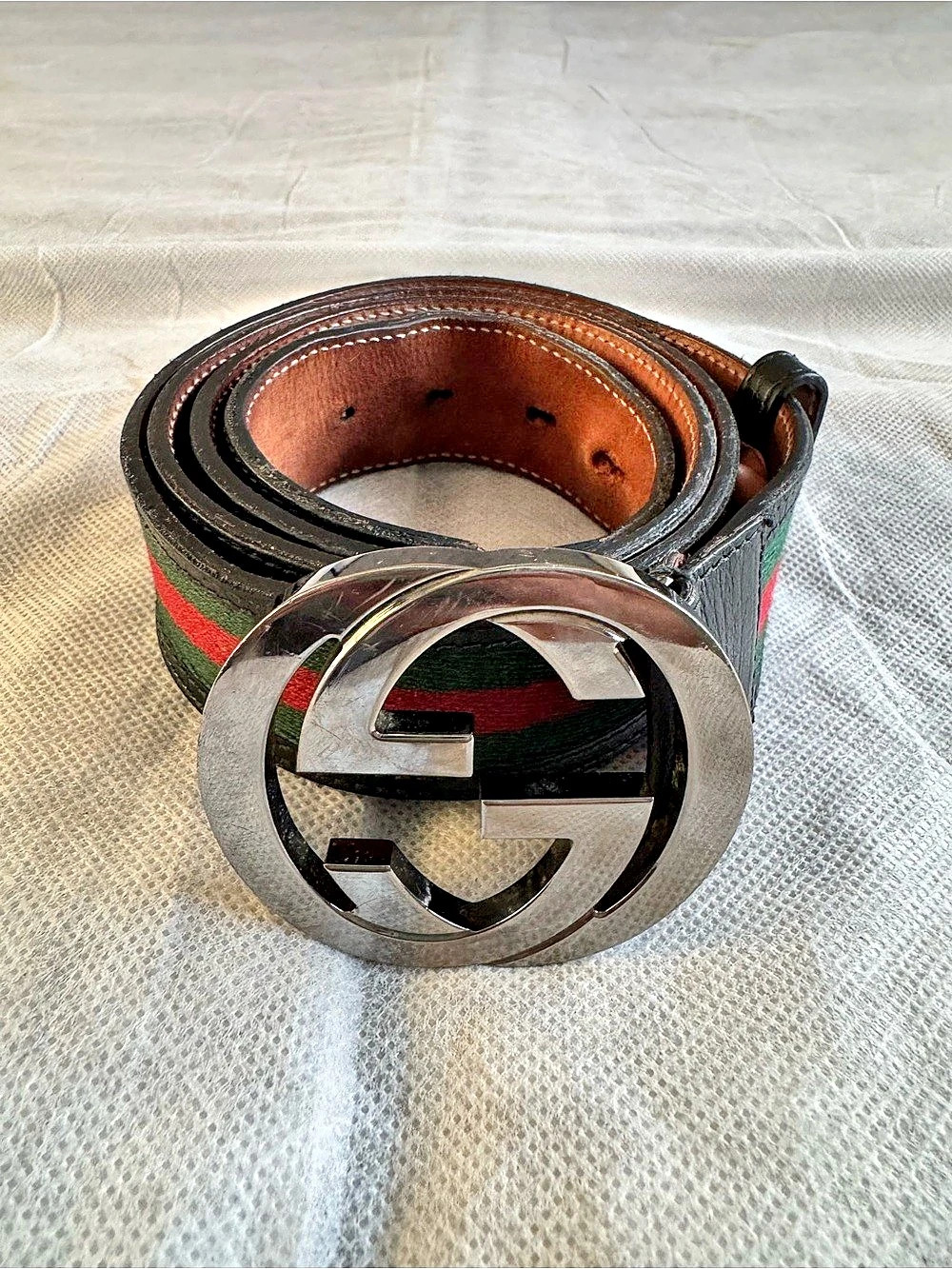 Gucci Men's GG Buckle Web Stripe Belt Black Red Green Size 48